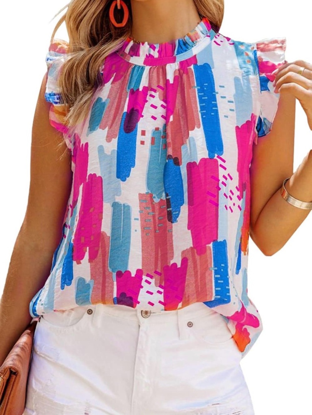 Abstract Brushstroke Flutter Sleeve Top - Pink Multi